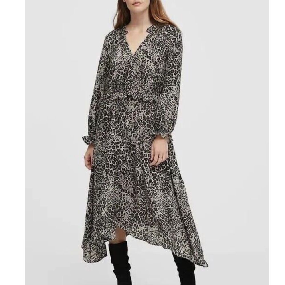Banana Republic Leopard Animal Print Midi Dress Long Sleeve Women’s 2 Gray Black
